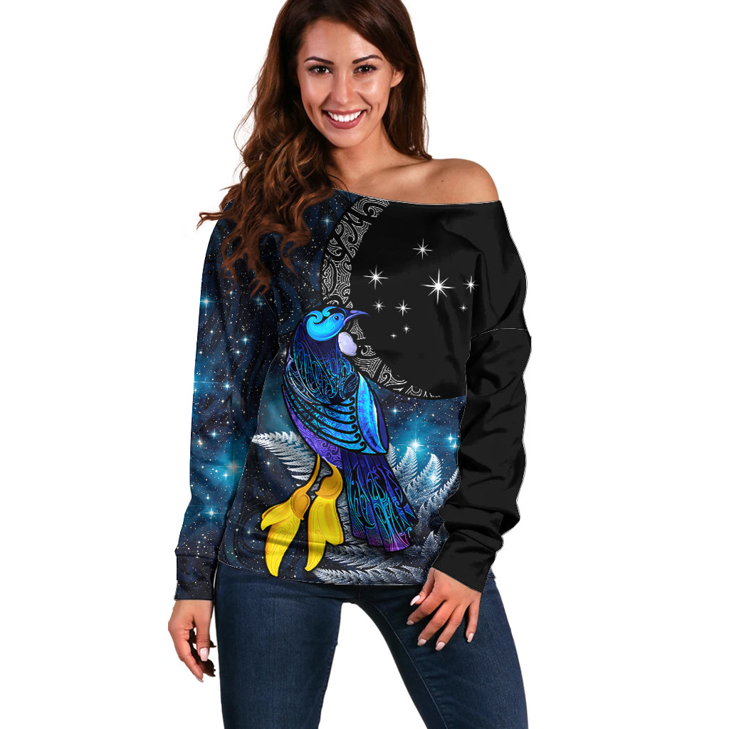 New Zealand Tui Bird Matariki Off Shoulder Sweater Galaxy Fern With Maori Pattern