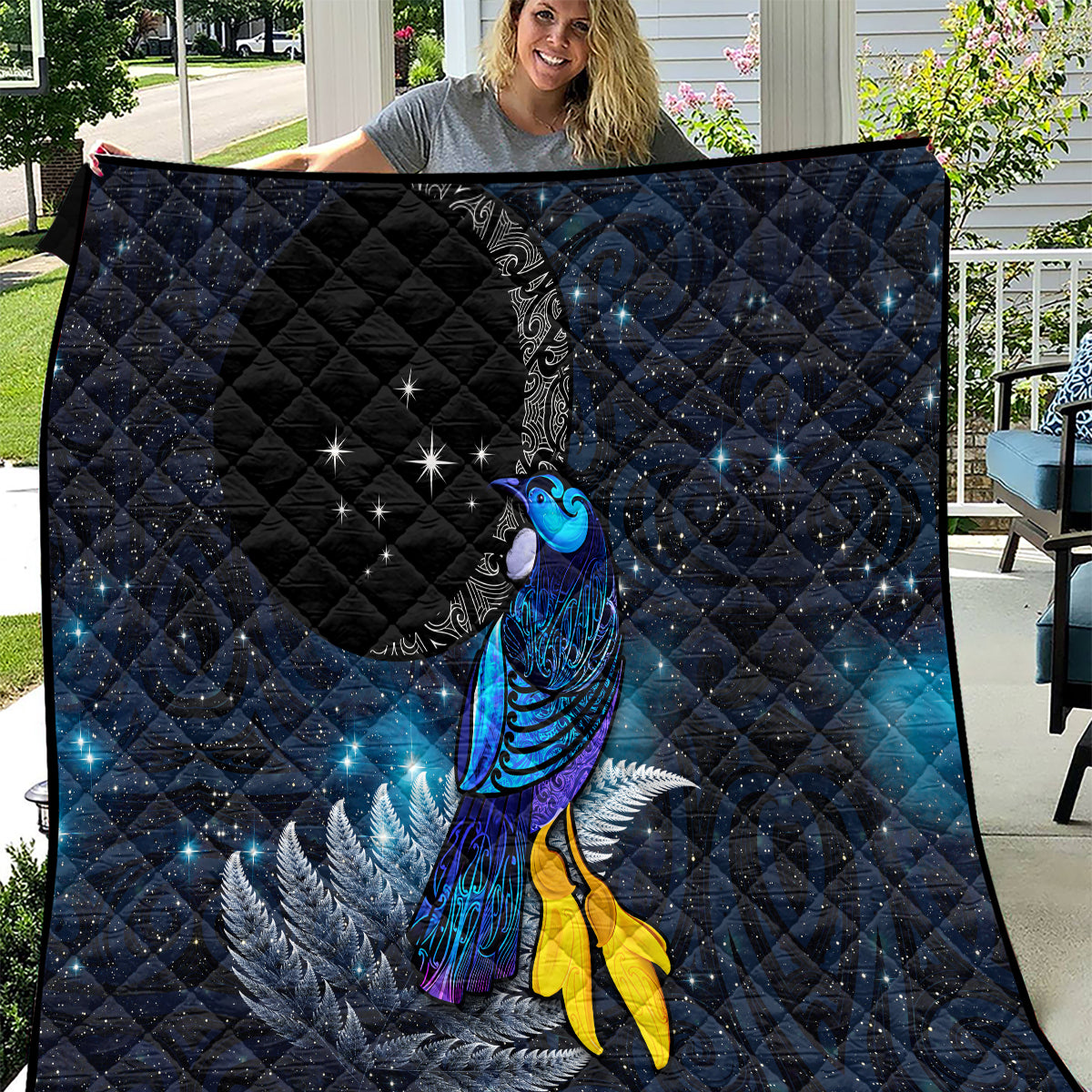 New Zealand Tui Bird Matariki Quilt Galaxy Fern With Maori Pattern LT03 Blue - Polynesian Pride
