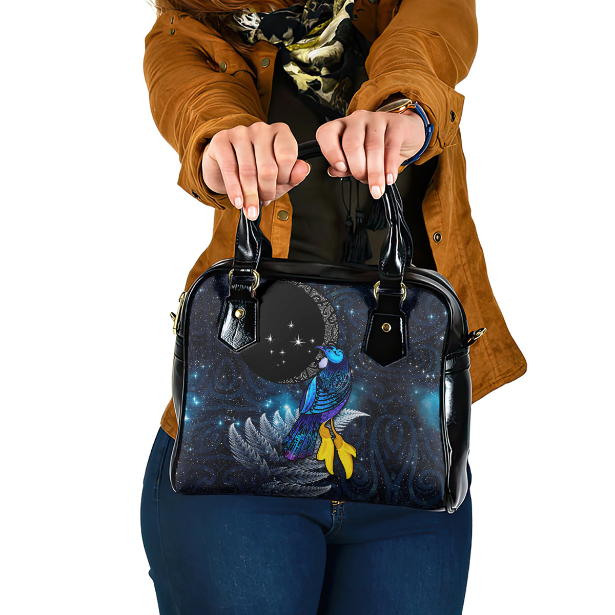 New Zealand Tui Bird Matariki Shoulder Handbag Galaxy Fern With Maori Pattern LT03 One Size Blue - Polynesian Pride