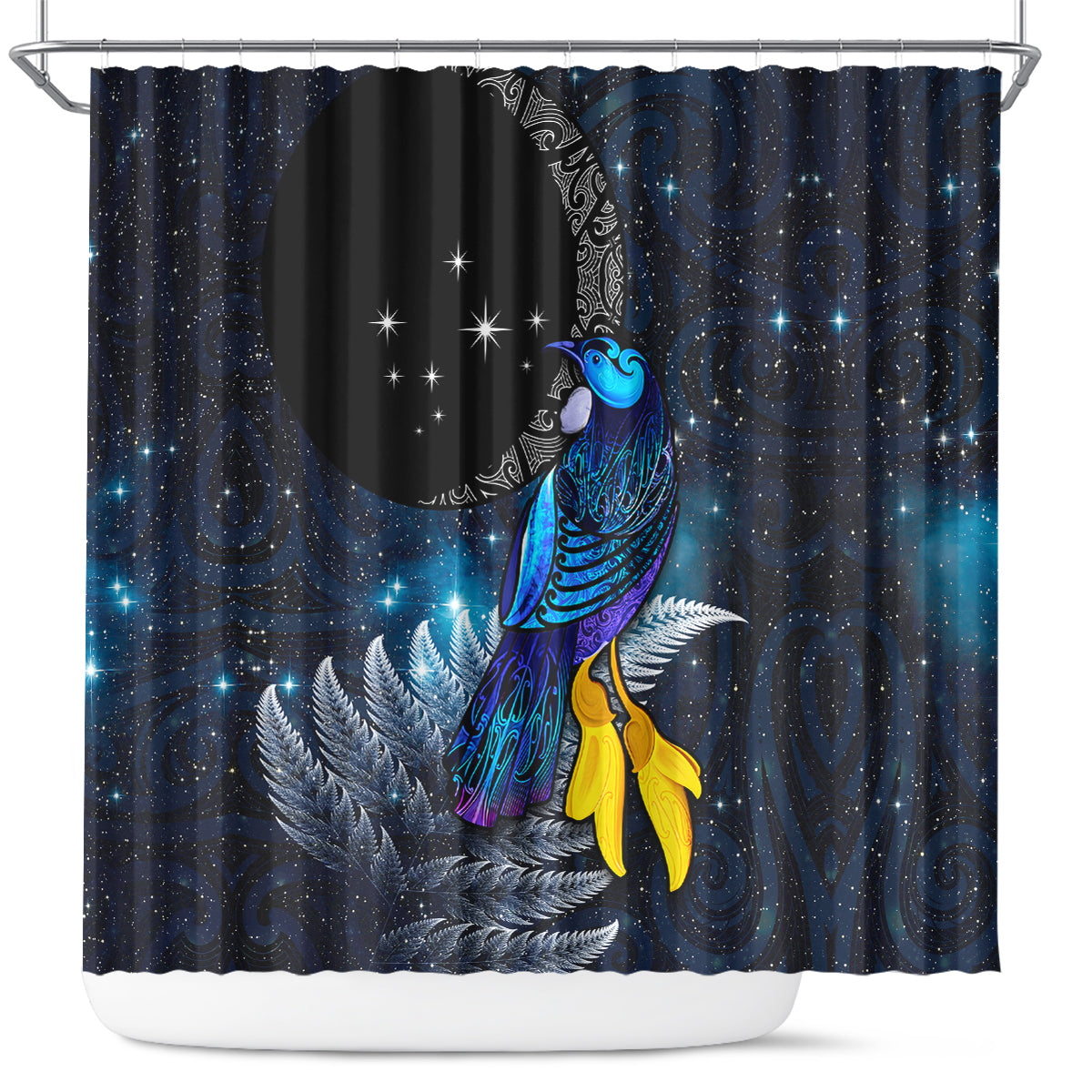 New Zealand Tui Bird Matariki Shower Curtain Galaxy Fern With Maori Pattern LT03 Blue - Polynesian Pride