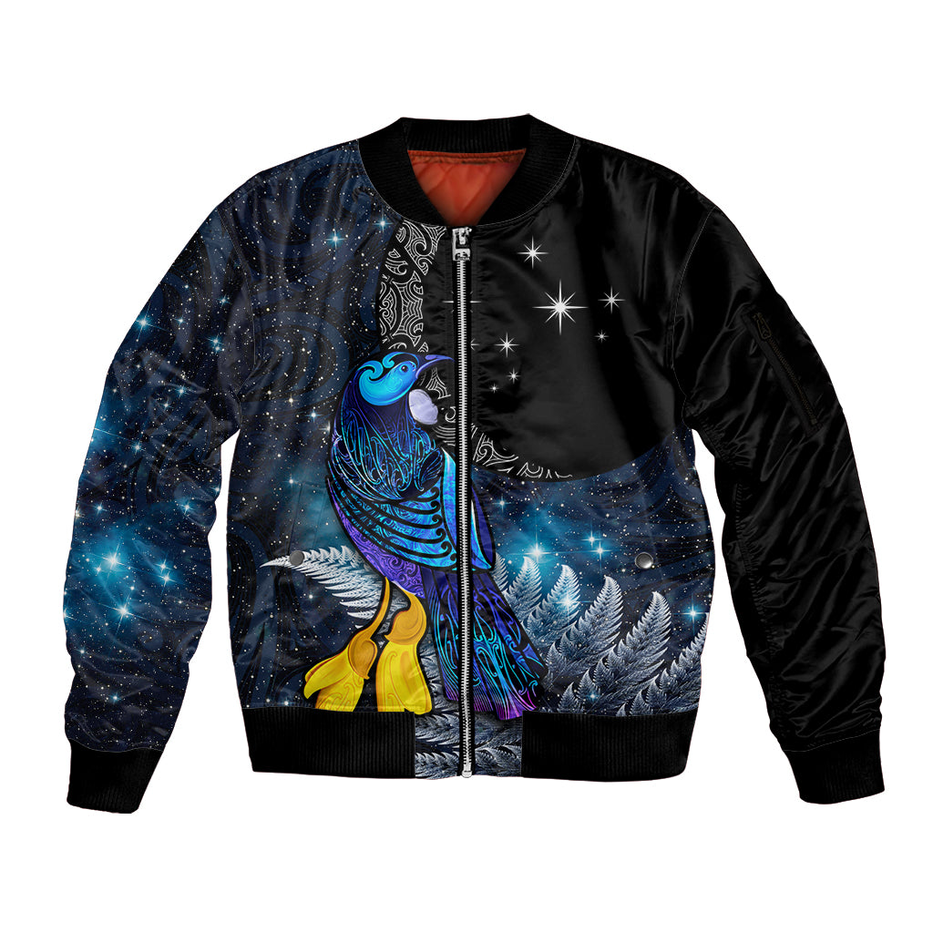 New Zealand Tui Bird Matariki Sleeve Zip Bomber Jacket Galaxy Fern With Maori Pattern LT03 Unisex Blue - Polynesian Pride