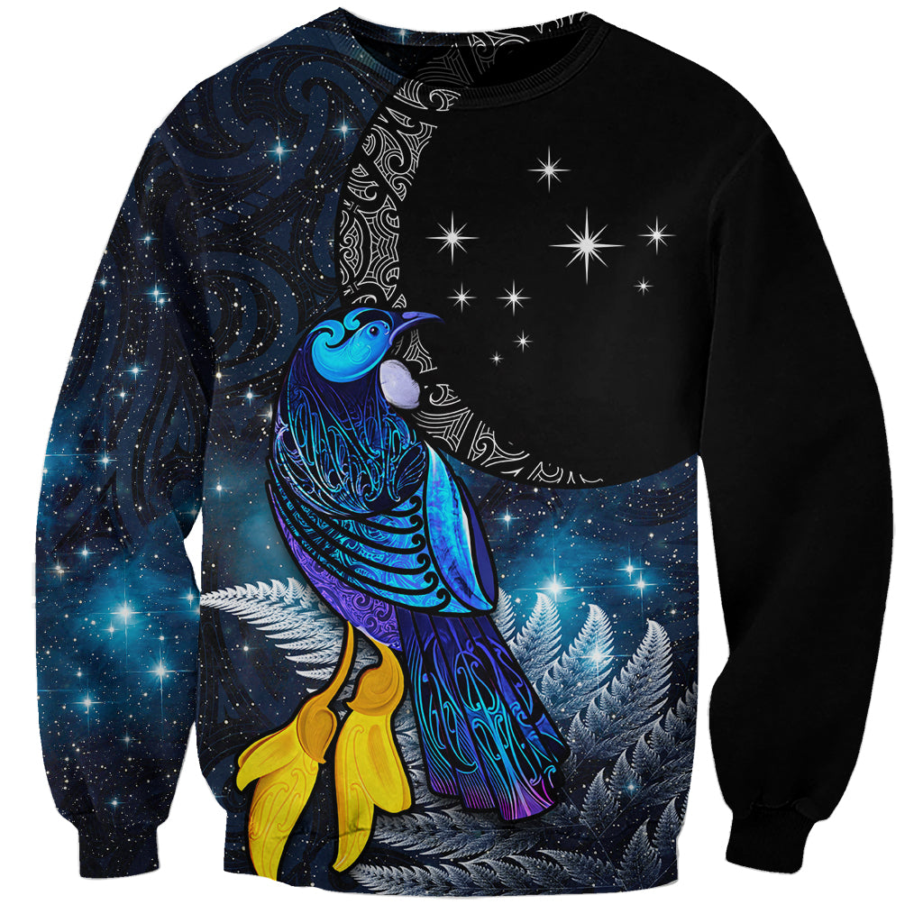 New Zealand Tui Bird Matariki Sweatshirt Galaxy Fern With Maori Pattern LT03 Unisex Blue - Polynesian Pride