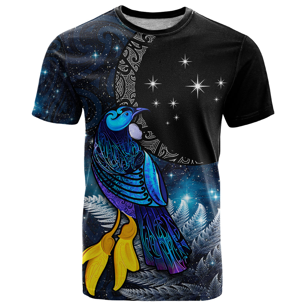 New Zealand Tui Bird Matariki T Shirt Galaxy Fern With Maori Pattern LT03 Blue - Polynesian Pride