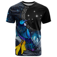 New Zealand Tui Bird Matariki T Shirt Galaxy Fern With Maori Pattern LT03 Blue - Polynesian Pride