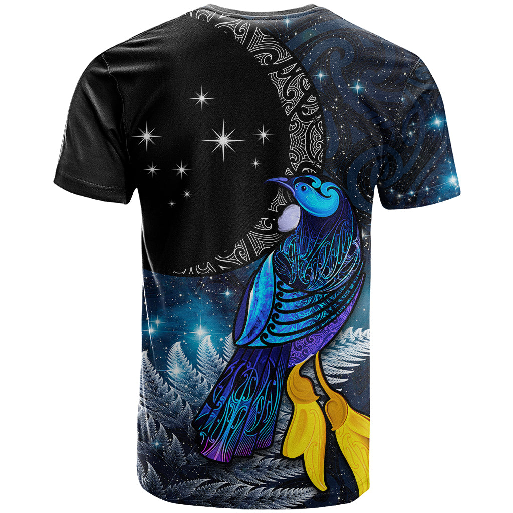 New Zealand Tui Bird Matariki T Shirt Galaxy Fern With Maori Pattern LT03 - Polynesian Pride