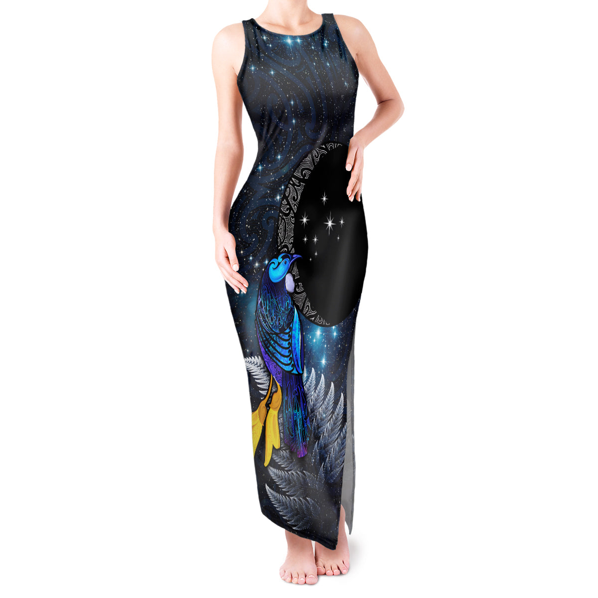 New Zealand Tui Bird Matariki Tank Maxi Dress Galaxy Fern With Maori Pattern