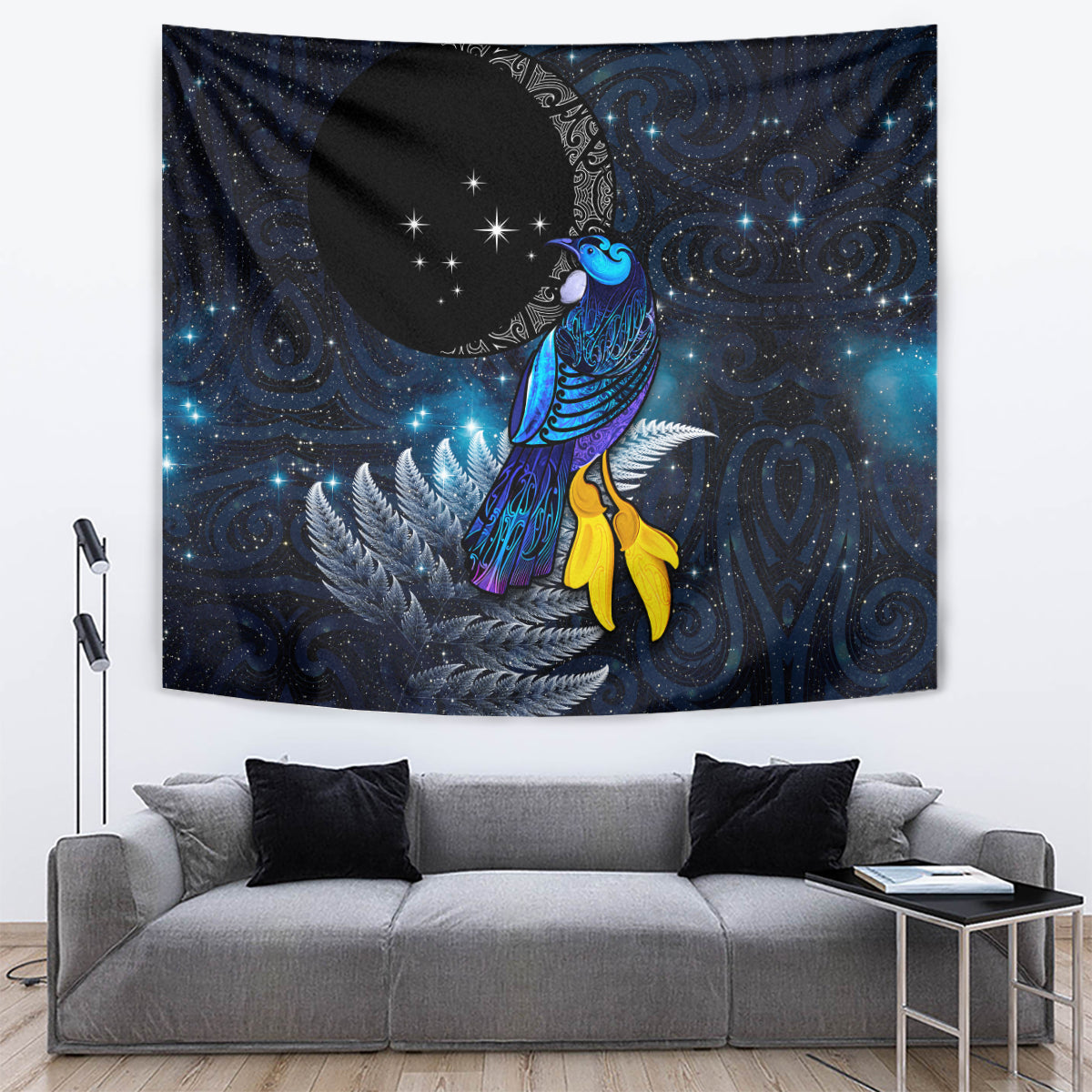 New Zealand Tui Bird Matariki Tapestry Galaxy Fern With Maori Pattern LT03 Blue - Polynesian Pride