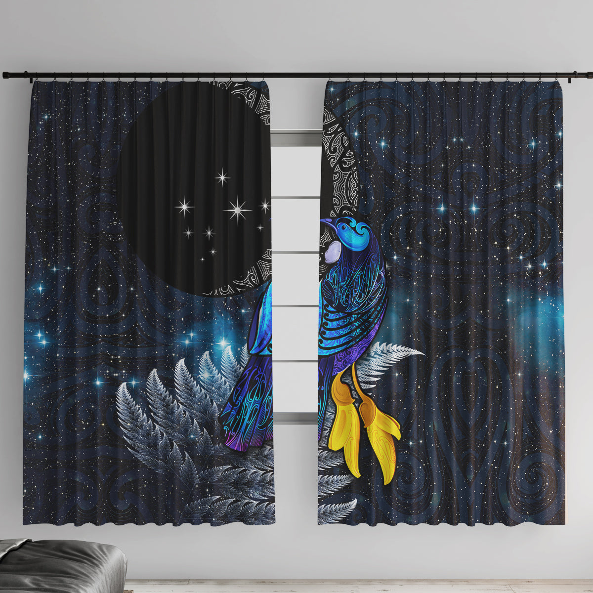 New Zealand Tui Bird Matariki Window Curtain Galaxy Fern With Maori Pattern LT03 With Hooks Blue - Polynesian Pride