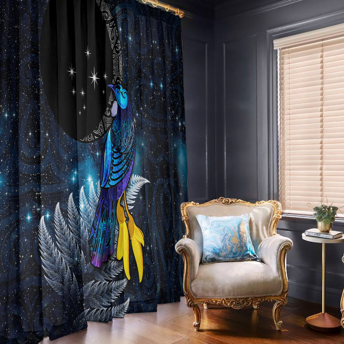 New Zealand Tui Bird Matariki Window Curtain Galaxy Fern With Maori Pattern LT03 - Polynesian Pride