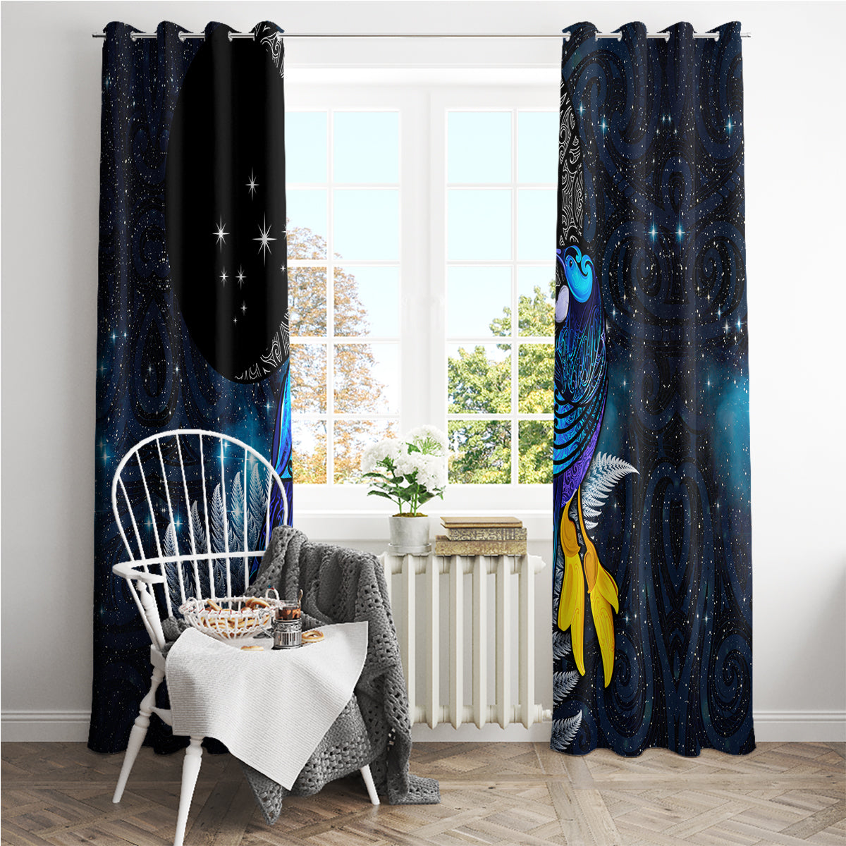New Zealand Tui Bird Matariki Window Curtain Galaxy Fern With Maori Pattern LT03 - Polynesian Pride