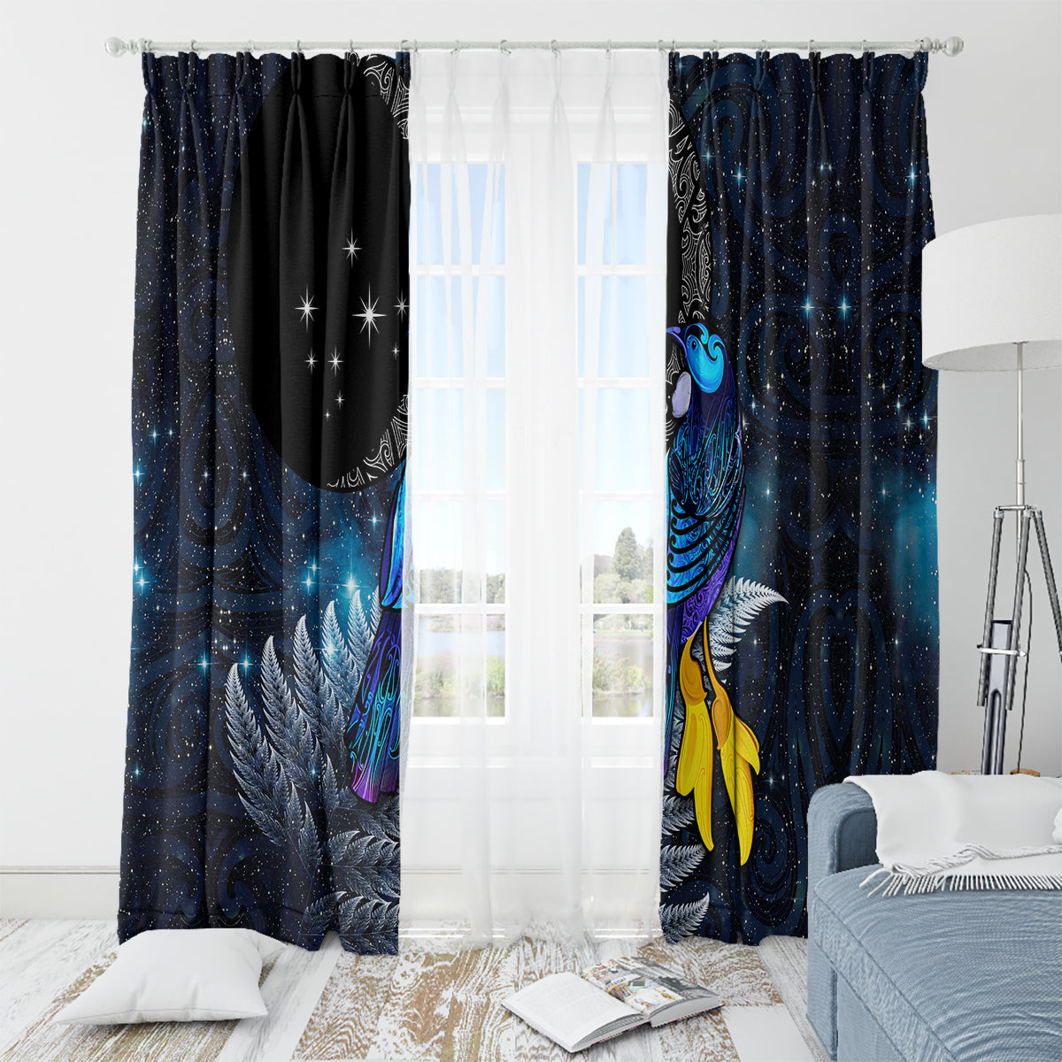 New Zealand Tui Bird Matariki Window Curtain Galaxy Fern With Maori Pattern LT03 - Polynesian Pride