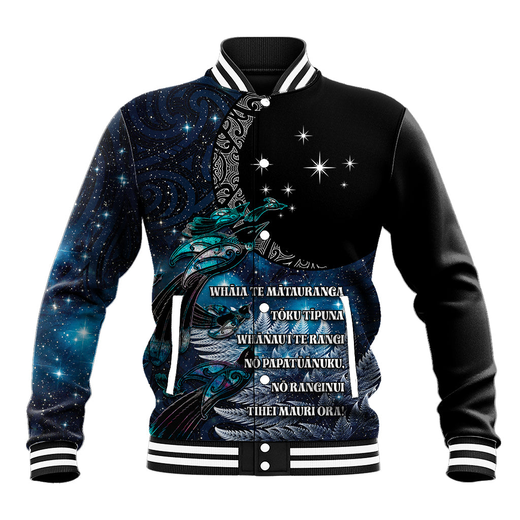New Zealand Tui Bird Baseball Jacket Matariki Poetry Pattern Galaxy Style LT03 Unisex Blue - Polynesian Pride