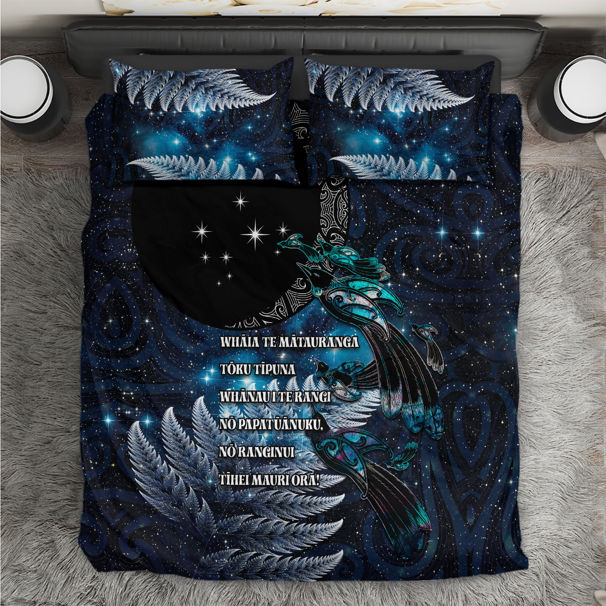 New Zealand Tui Bird Bedding Set Matariki Poetry Pattern Galaxy Style LT03 Blue - Polynesian Pride