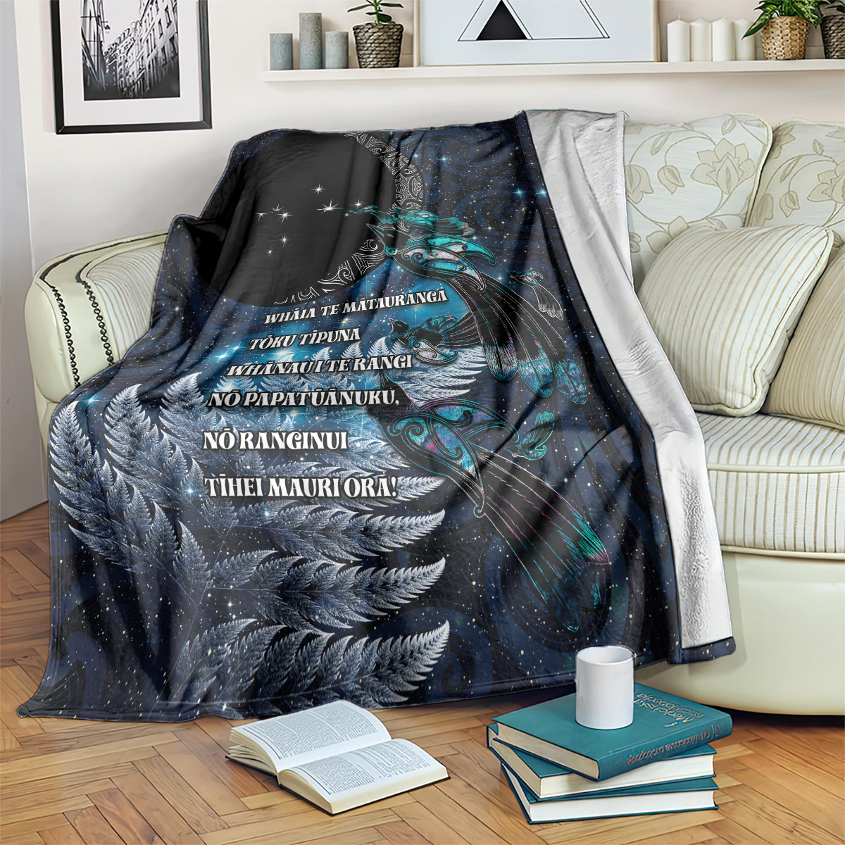 New Zealand Tui Bird Blanket Matariki Poetry Pattern Galaxy Style