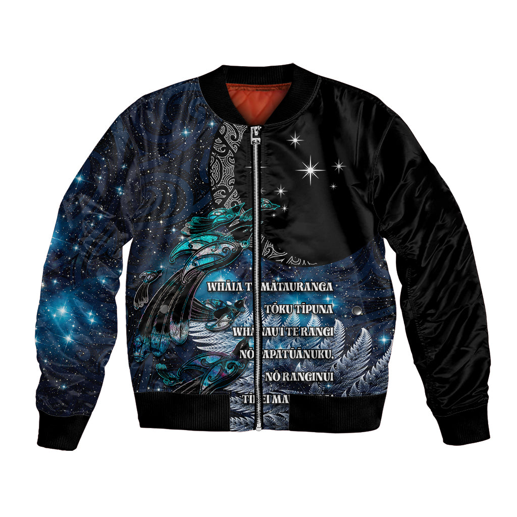 New Zealand Tui Bird Bomber Jacket Matariki Poetry Pattern Galaxy Style LT03 Unisex Blue - Polynesian Pride