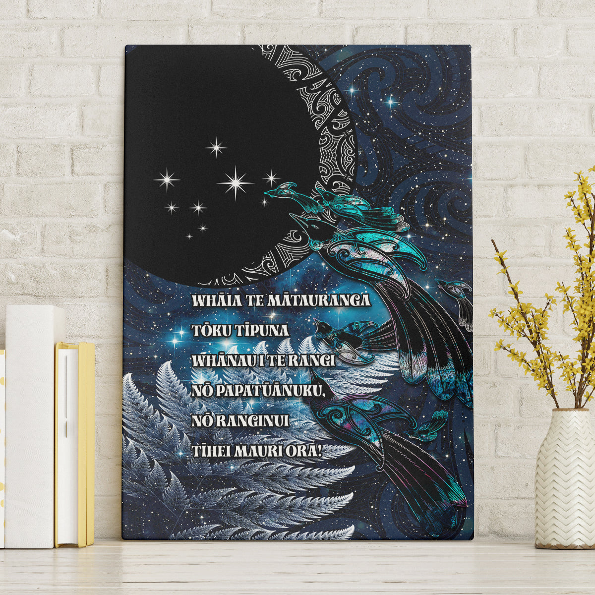 New Zealand Tui Bird Canvas Wall Art Matariki Poetry Pattern Galaxy Style LT03 Without Frame Blue - Polynesian Pride