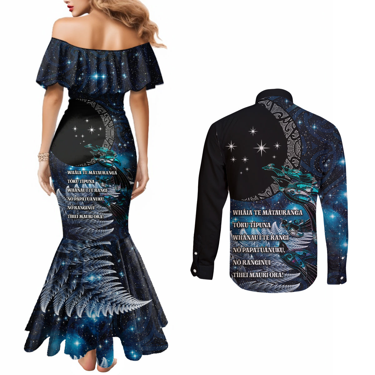 New Zealand Tui Bird Couples Matching Mermaid Dress and Long Sleeve Button Shirt Matariki Poetry Pattern Galaxy Style
