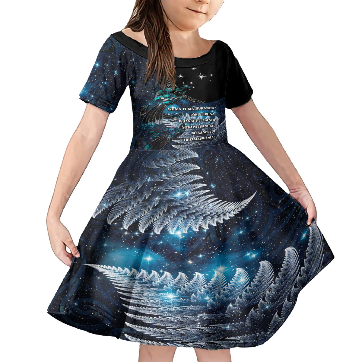 New Zealand Tui Bird Family Matching Long Sleeve Bodycon Dress and Hawaiian Shirt Matariki Poetry Pattern Galaxy Style LT03 Daughter's Dress Blue - Polynesian Pride