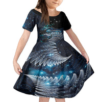 New Zealand Tui Bird Family Matching Long Sleeve Bodycon Dress and Hawaiian Shirt Matariki Poetry Pattern Galaxy Style LT03 Daughter's Dress Blue - Polynesian Pride