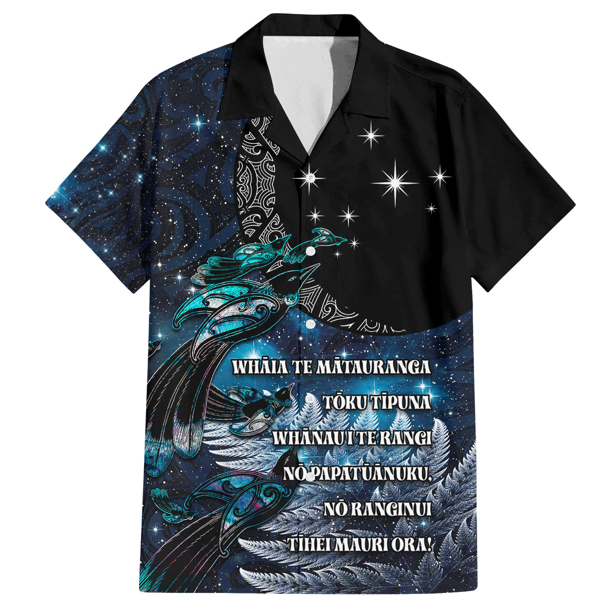 New Zealand Tui Bird Family Matching Long Sleeve Bodycon Dress and Hawaiian Shirt Matariki Poetry Pattern Galaxy Style LT03 Dad's Shirt - Short Sleeve Blue - Polynesian Pride