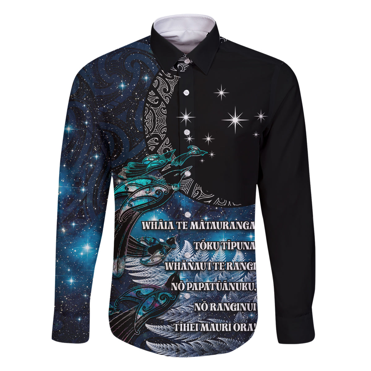 New Zealand Tui Bird Family Matching Long Sleeve Bodycon Dress and Hawaiian Shirt Matariki Poetry Pattern Galaxy Style LT03 Dad's Shirt - Long Sleeve Blue - Polynesian Pride