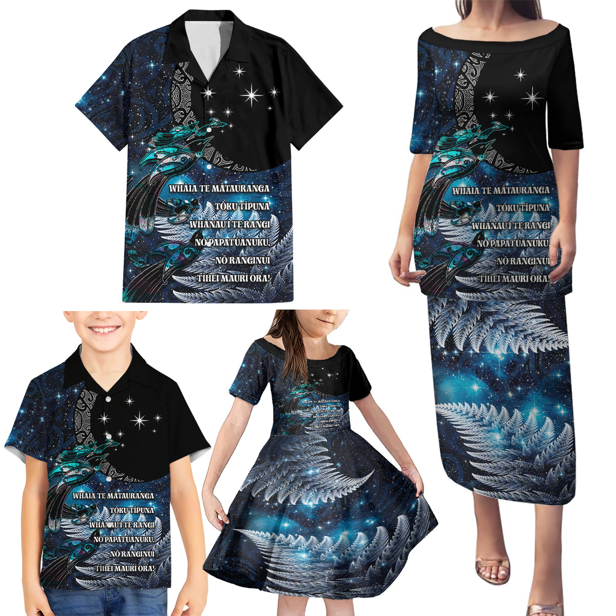 New Zealand Tui Bird Family Matching Puletasi and Hawaiian Shirt Matariki Poetry Pattern Galaxy Style
