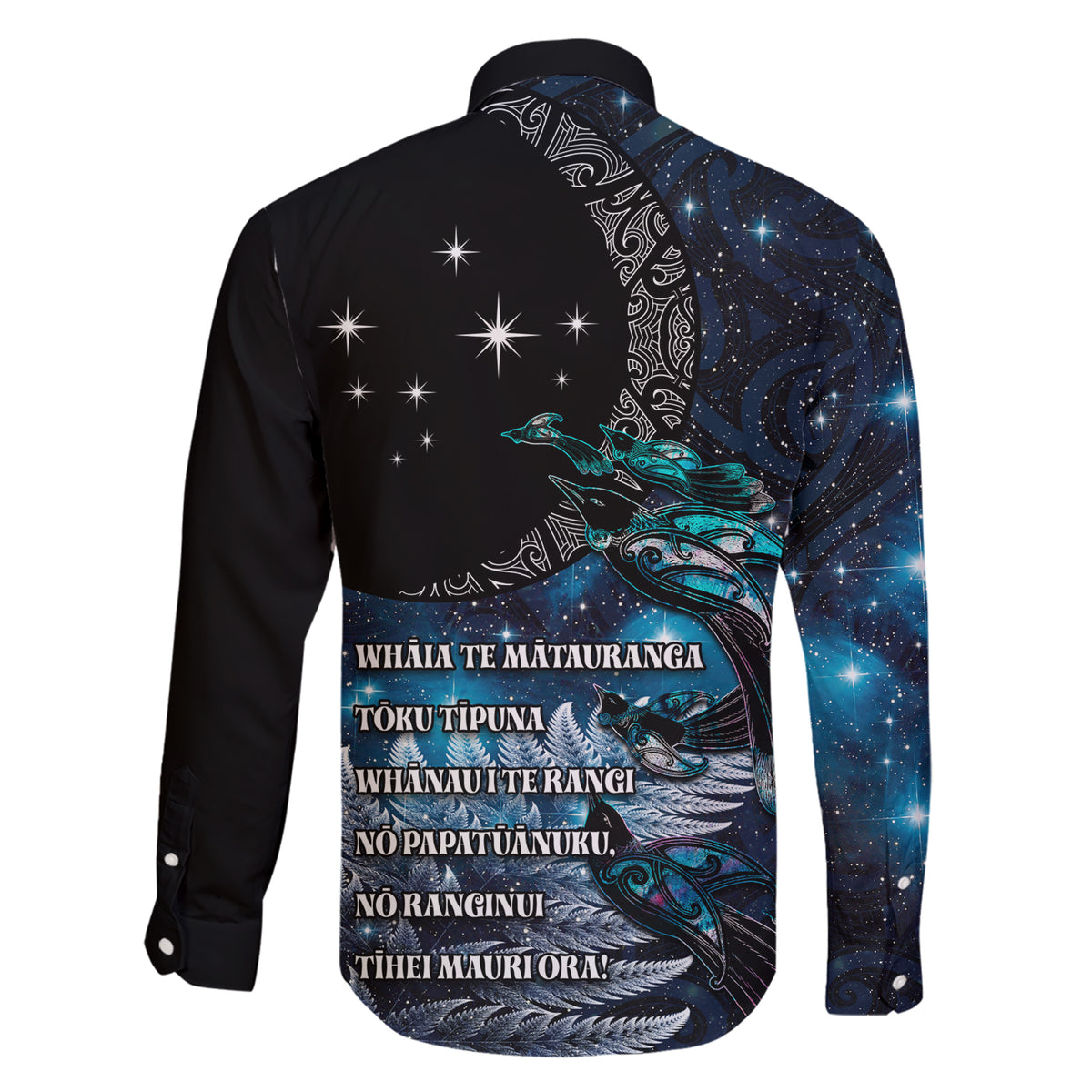 New Zealand Tui Bird Family Matching Short Sleeve Bodycon Dress and Hawaiian Shirt Matariki Poetry Pattern Galaxy Style