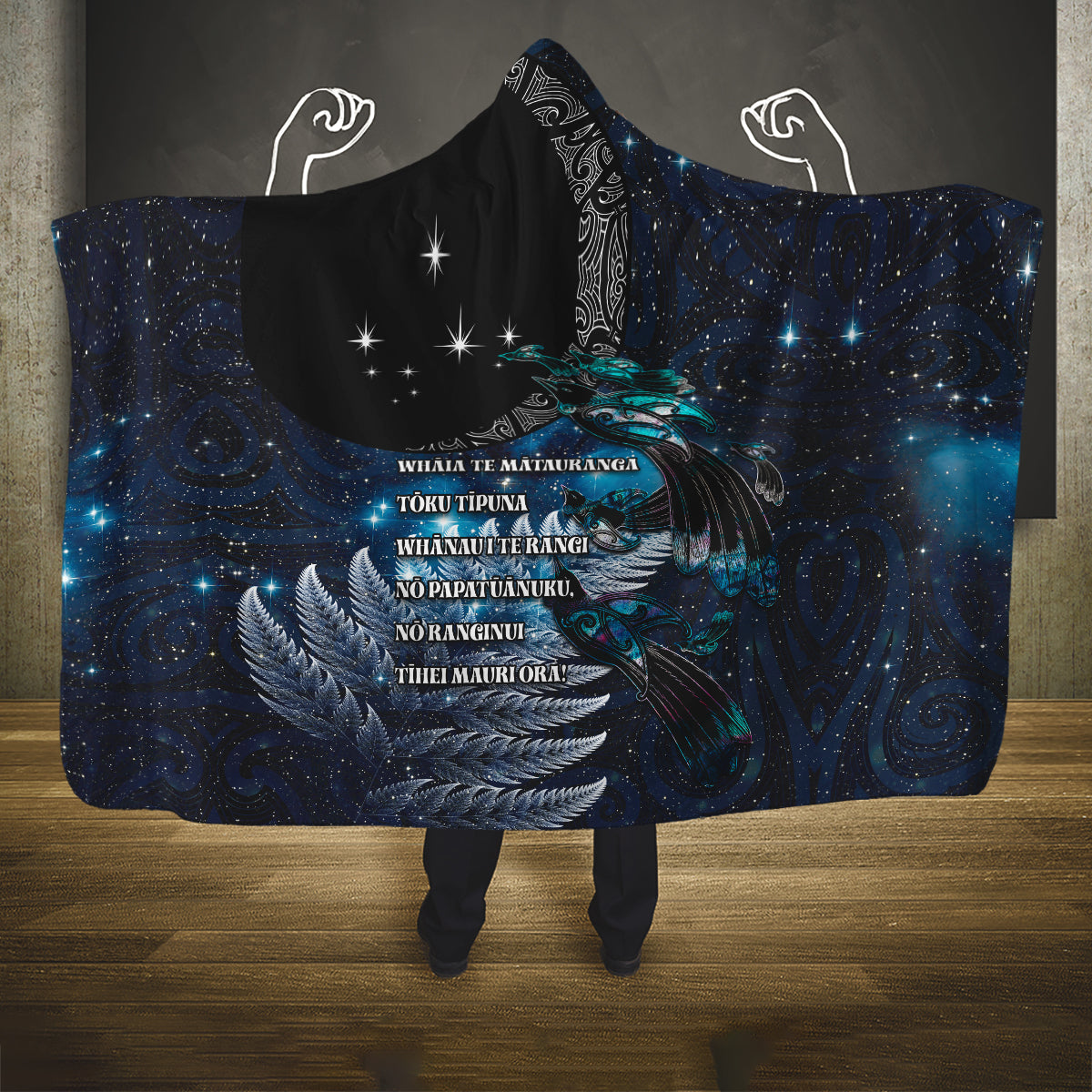 New Zealand Tui Bird Hooded Blanket Matariki Poetry Pattern Galaxy Style LT03 One Size Blue - Polynesian Pride