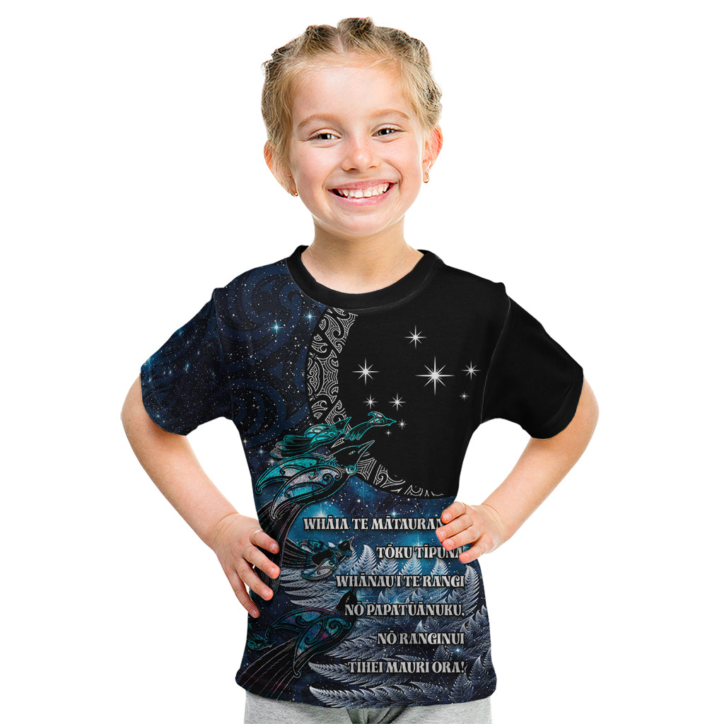 New Zealand Tui Bird Kid T Shirt Matariki Poetry Pattern Galaxy Style LT03 Blue - Polynesian Pride