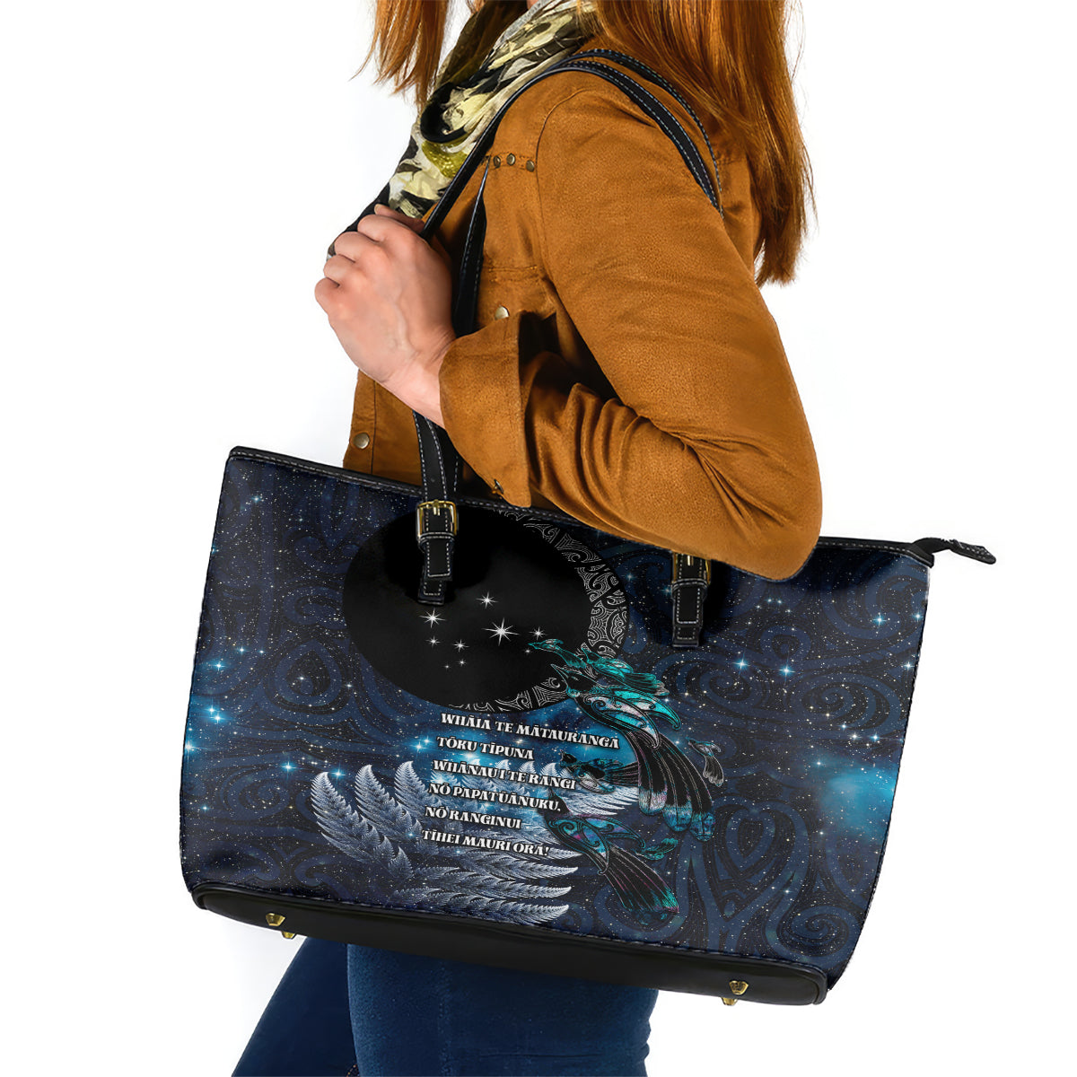 New Zealand Tui Bird Leather Tote Bag Matariki Poetry Pattern Galaxy Style LT03 Blue - Polynesian Pride