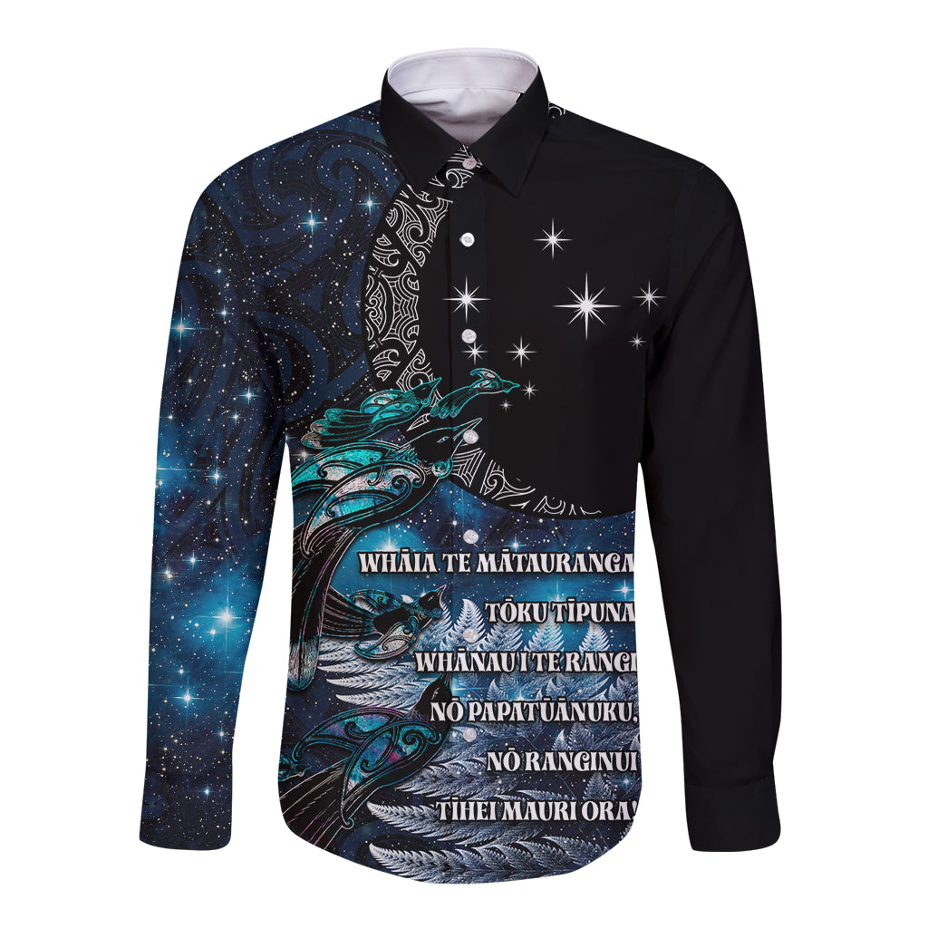 New Zealand Tui Bird Long Sleeve Button Shirt Matariki Poetry Pattern Galaxy Style LT03 Unisex Blue - Polynesian Pride