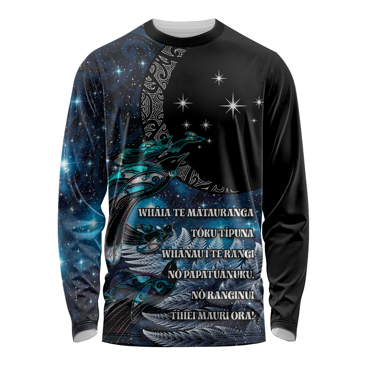 New Zealand Tui Bird Long Sleeve Shirt Matariki Poetry Pattern Galaxy Style LT03 Unisex Blue - Polynesian Pride