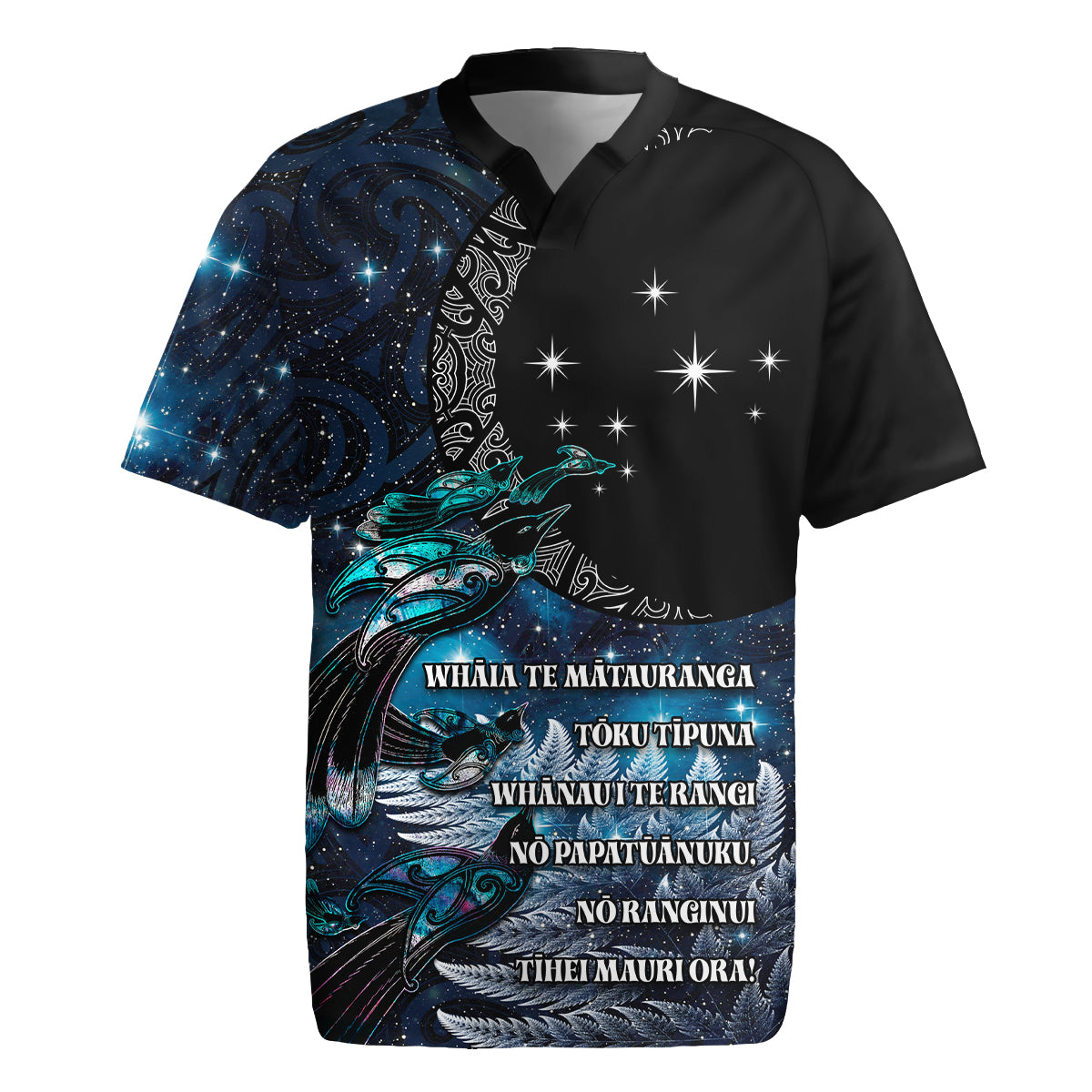 New Zealand Tui Bird Rugby Jersey Matariki Poetry Pattern Galaxy Style LT03 Blue - Polynesian Pride