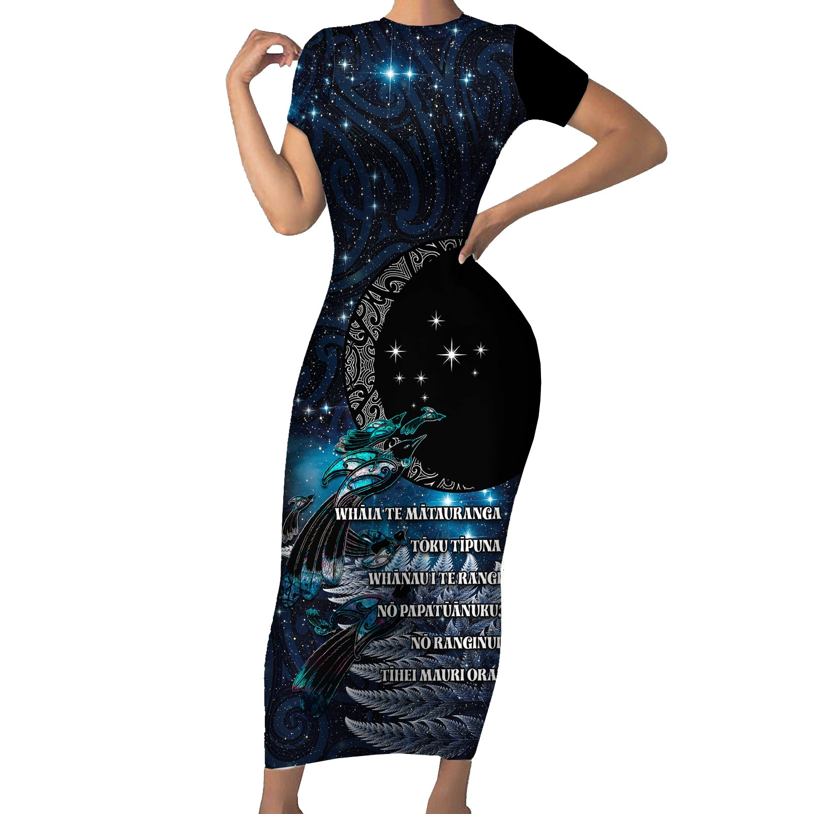 New Zealand Tui Bird Short Sleeve Bodycon Dress Matariki Poetry Pattern Galaxy Style