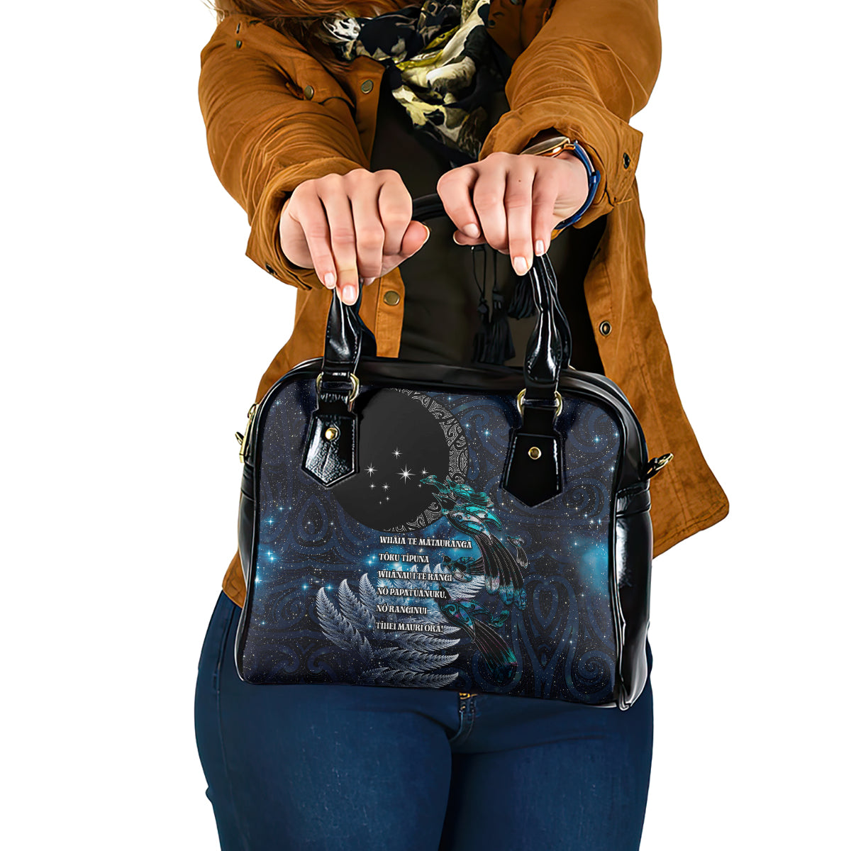New Zealand Tui Bird Shoulder Handbag Matariki Poetry Pattern Galaxy Style LT03 One Size Blue - Polynesian Pride