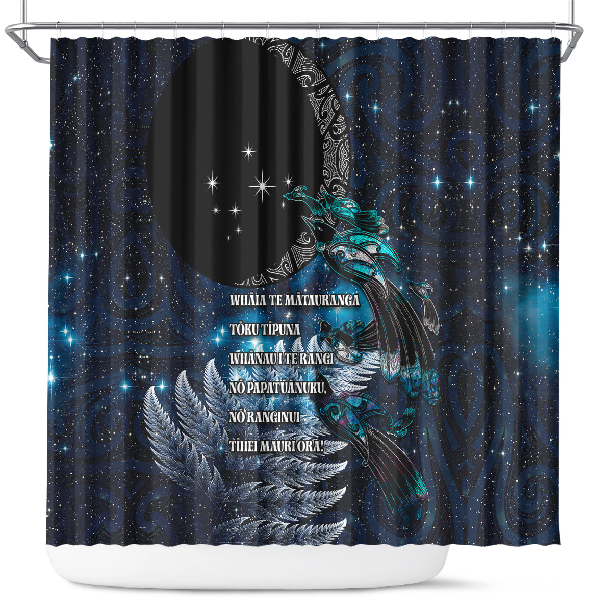New Zealand Tui Bird Shower Curtain Matariki Poetry Pattern Galaxy Style LT03 Blue - Polynesian Pride
