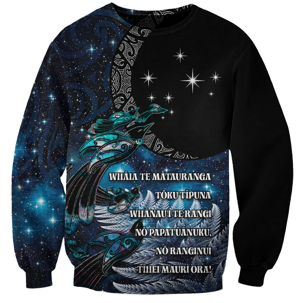 New Zealand Tui Bird Sweatshirt Matariki Poetry Pattern Galaxy Style LT03 Unisex Blue - Polynesian Pride
