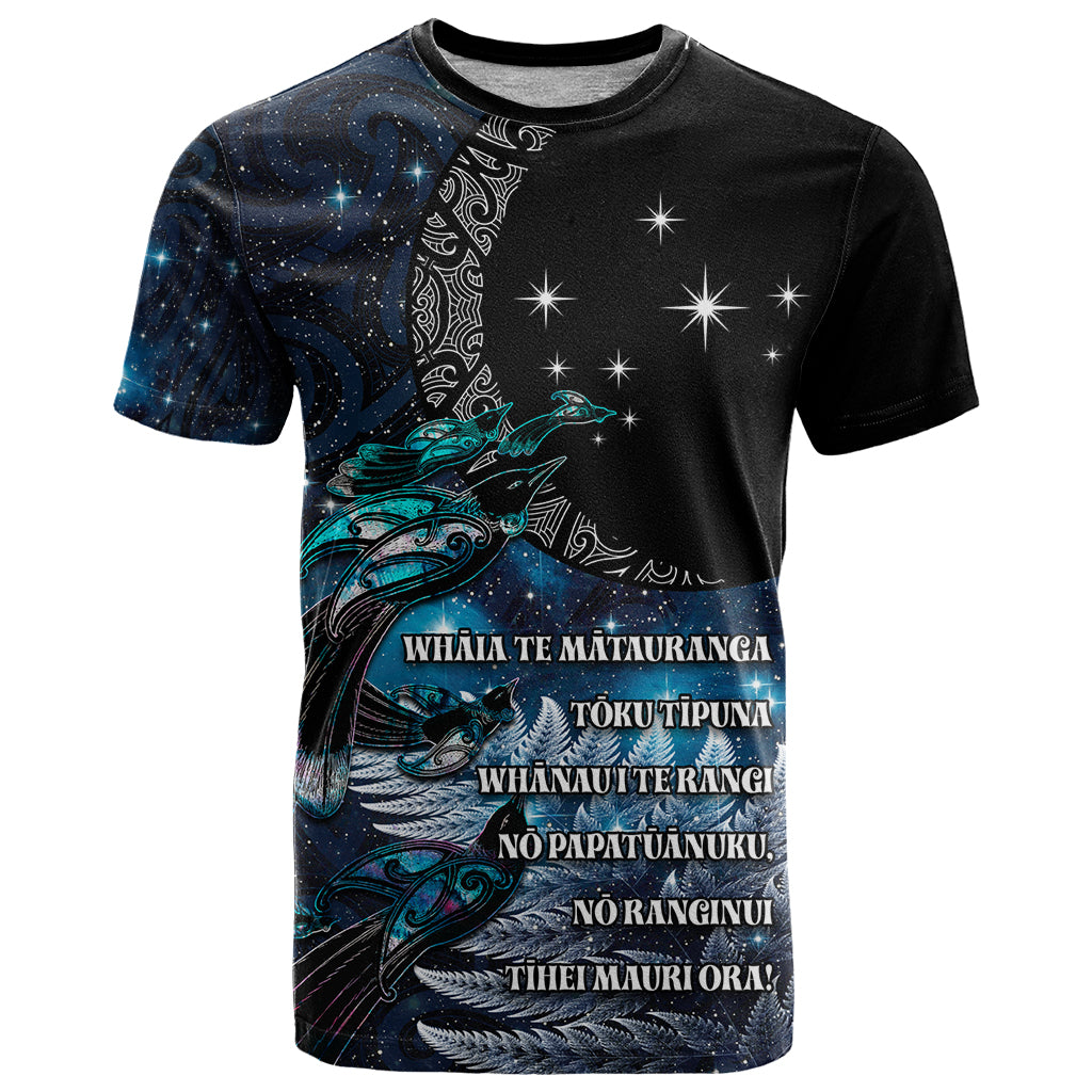 New Zealand Tui Bird T Shirt Matariki Poetry Pattern Galaxy Style LT03 Blue - Polynesian Pride