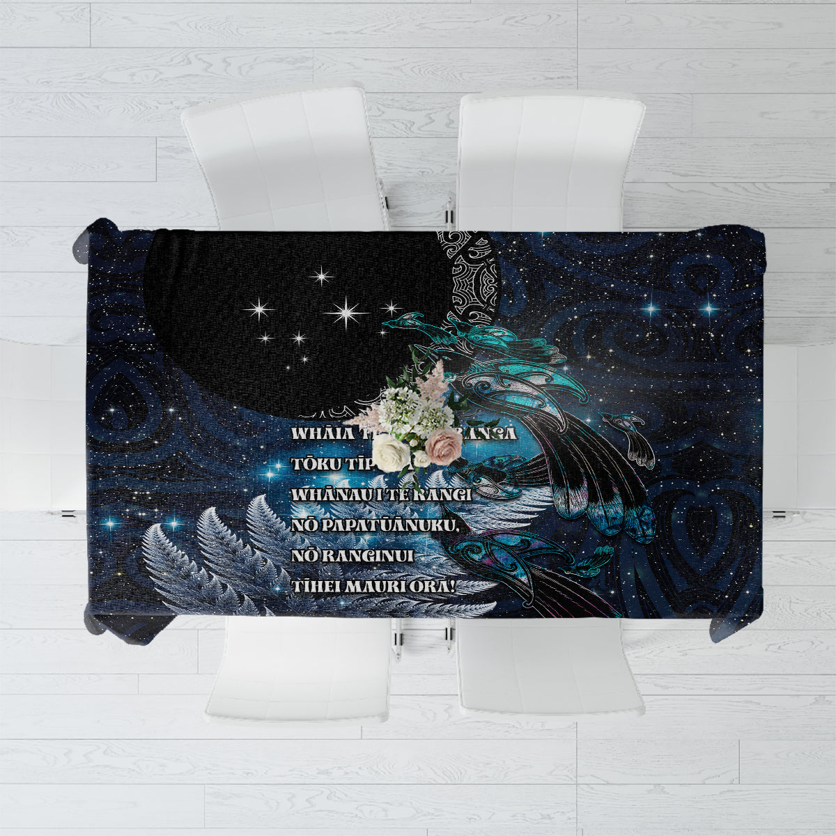 New Zealand Tui Bird Tablecloth Matariki Poetry Pattern Galaxy Style LT03 Blue - Polynesian Pride