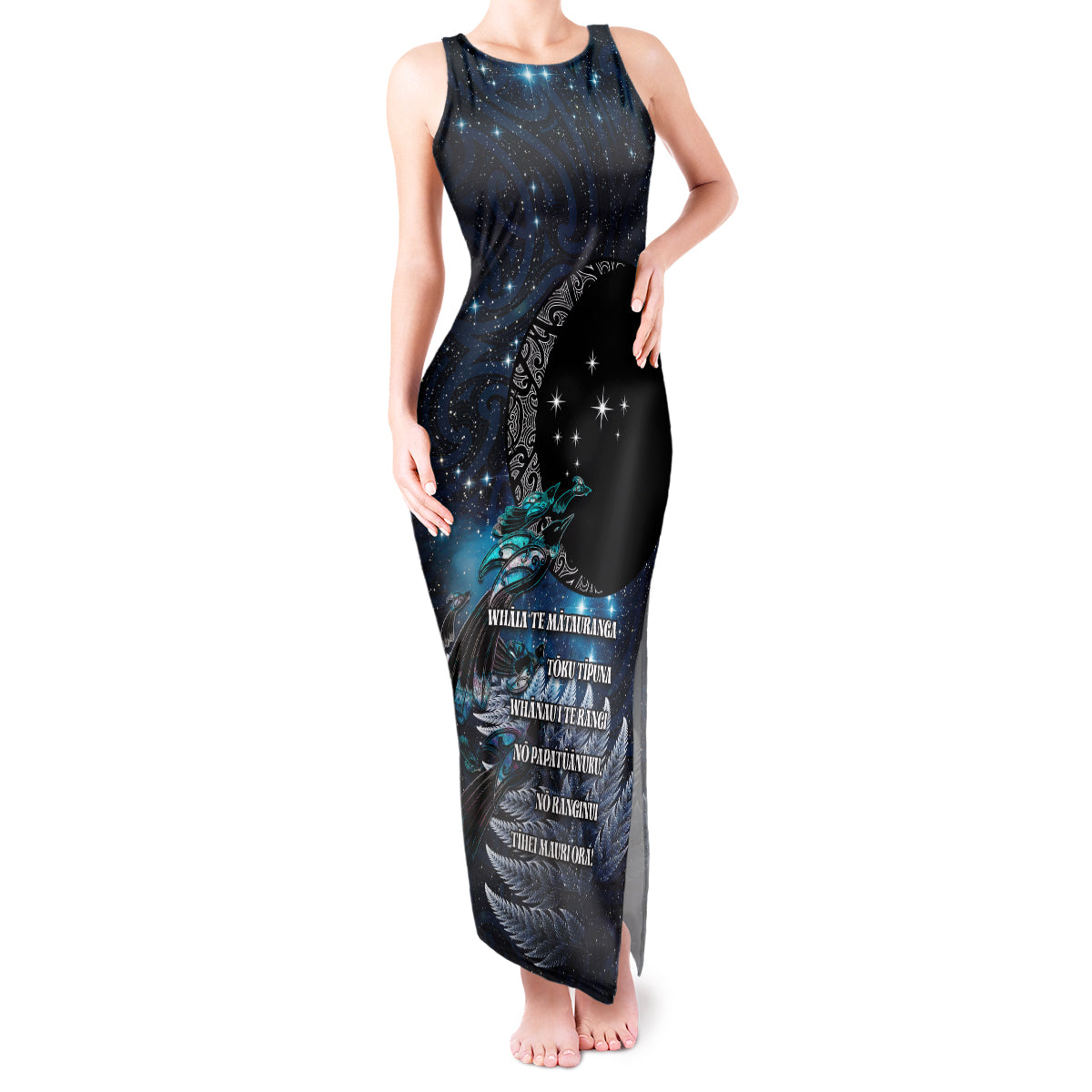 New Zealand Tui Bird Tank Maxi Dress Matariki Poetry Pattern Galaxy Style