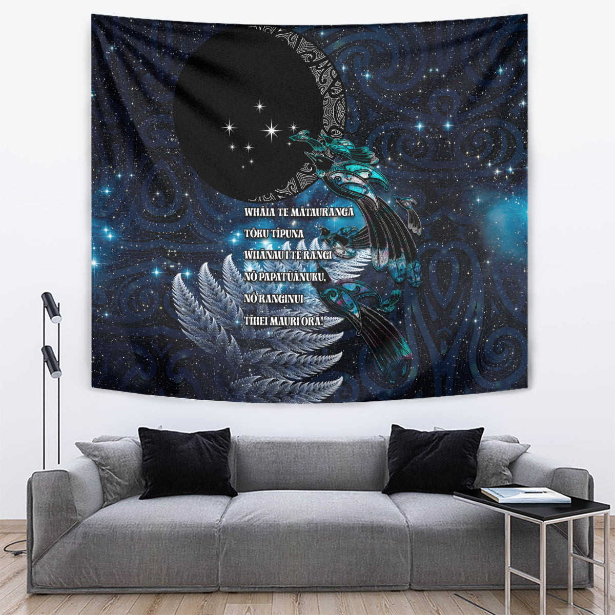 New Zealand Tui Bird Tapestry Matariki Poetry Pattern Galaxy Style LT03 Blue - Polynesian Pride