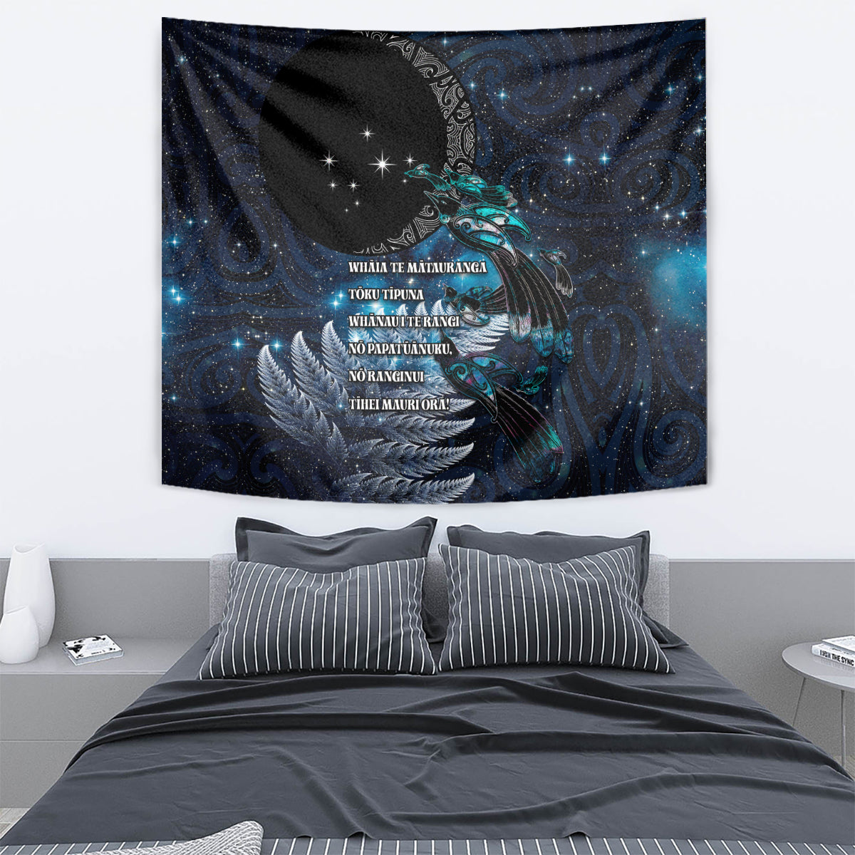 New Zealand Tui Bird Tapestry Matariki Poetry Pattern Galaxy Style