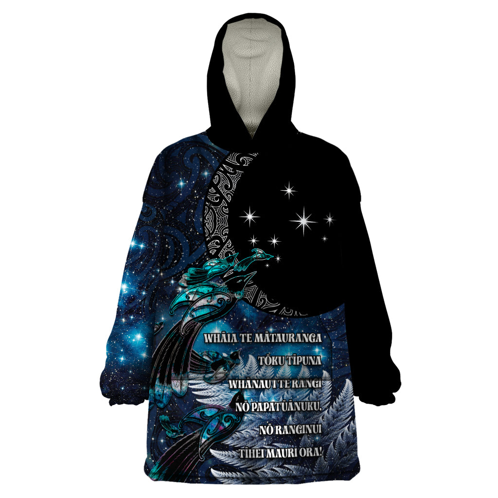 New Zealand Tui Bird Wearable Blanket Hoodie Matariki Poetry Pattern Galaxy Style LT03 One Size Blue - Polynesian Pride