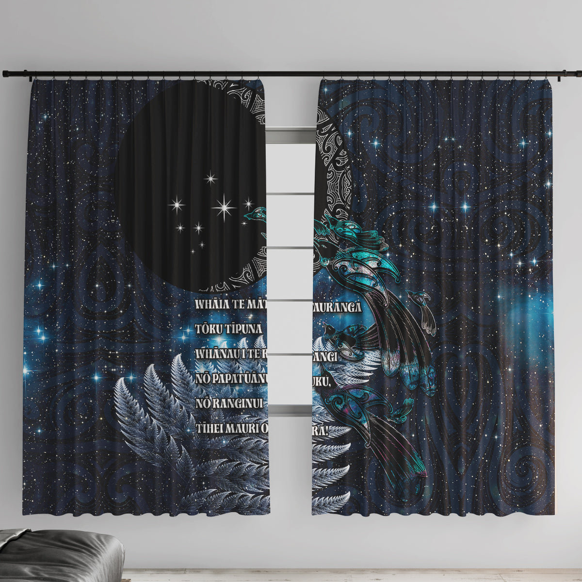 New Zealand Tui Bird Window Curtain Matariki Poetry Pattern Galaxy Style LT03 With Hooks Blue - Polynesian Pride