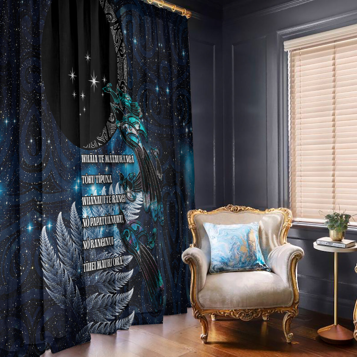 New Zealand Tui Bird Window Curtain Matariki Poetry Pattern Galaxy Style LT03 - Polynesian Pride