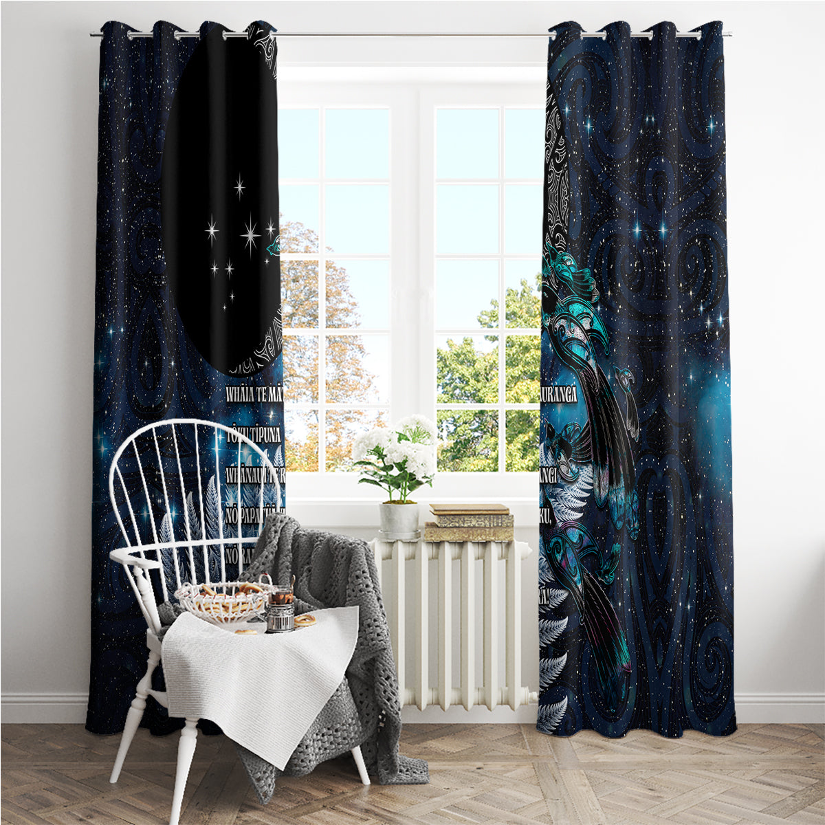 New Zealand Tui Bird Window Curtain Matariki Poetry Pattern Galaxy Style LT03 - Polynesian Pride