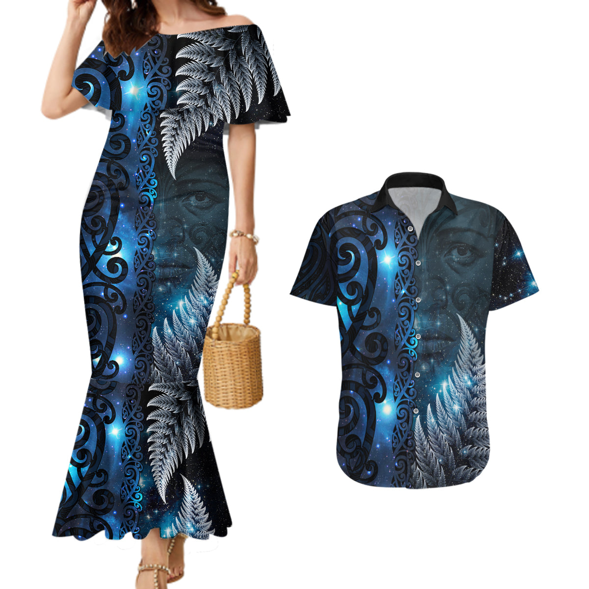 New Zealand Matariki Couples Matching Mermaid Dress and Hawaiian Shirt The Tribal Maori Face and Silver Fern