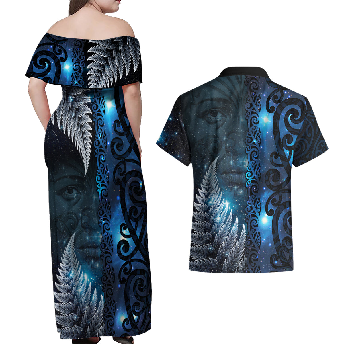 New Zealand Matariki Couples Matching Off Shoulder Maxi Dress and Hawaiian Shirt The Tribal Maori Face and Silver Fern