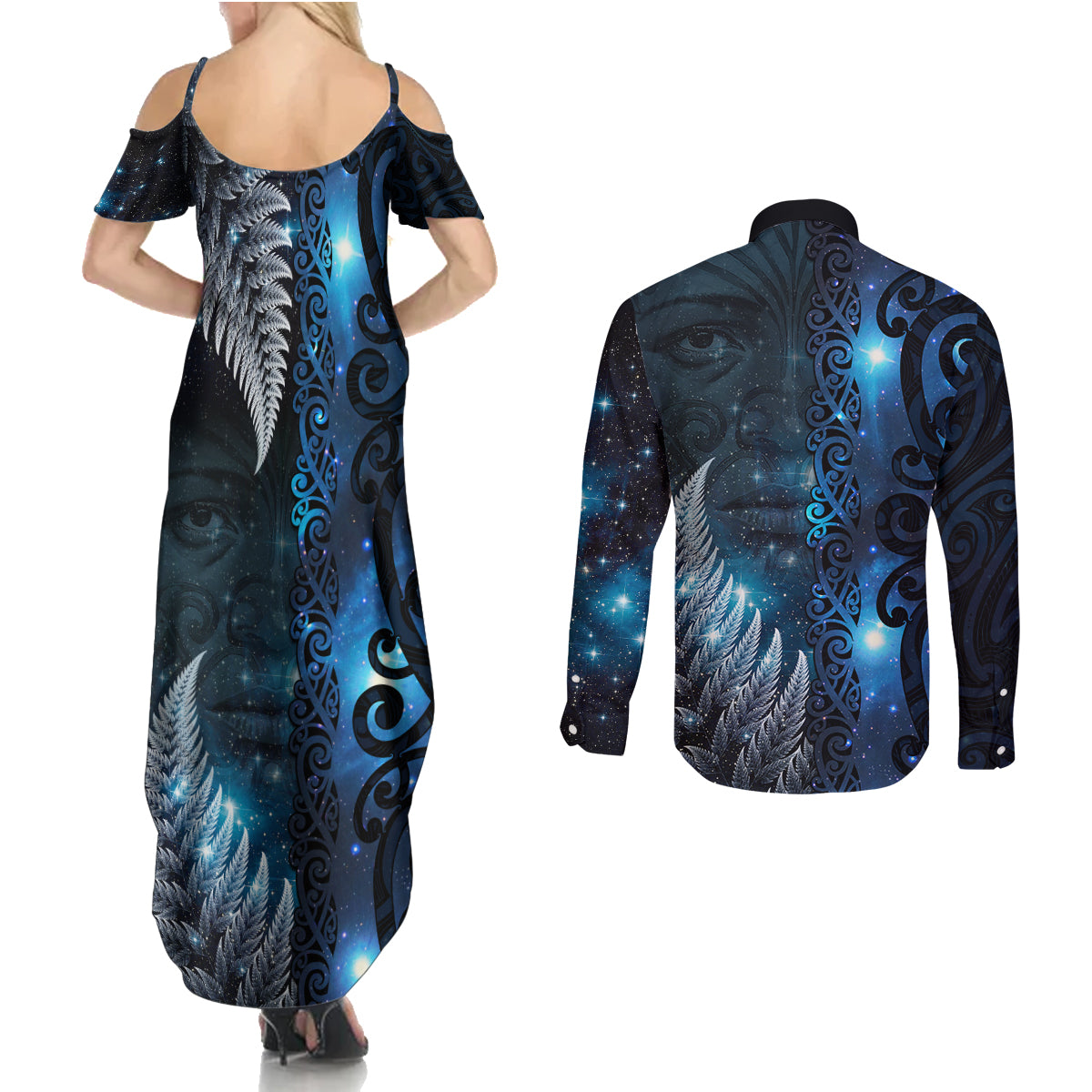 New Zealand Matariki Couples Matching Summer Maxi Dress and Long Sleeve Button Shirt The Tribal Maori Face and Silver Fern