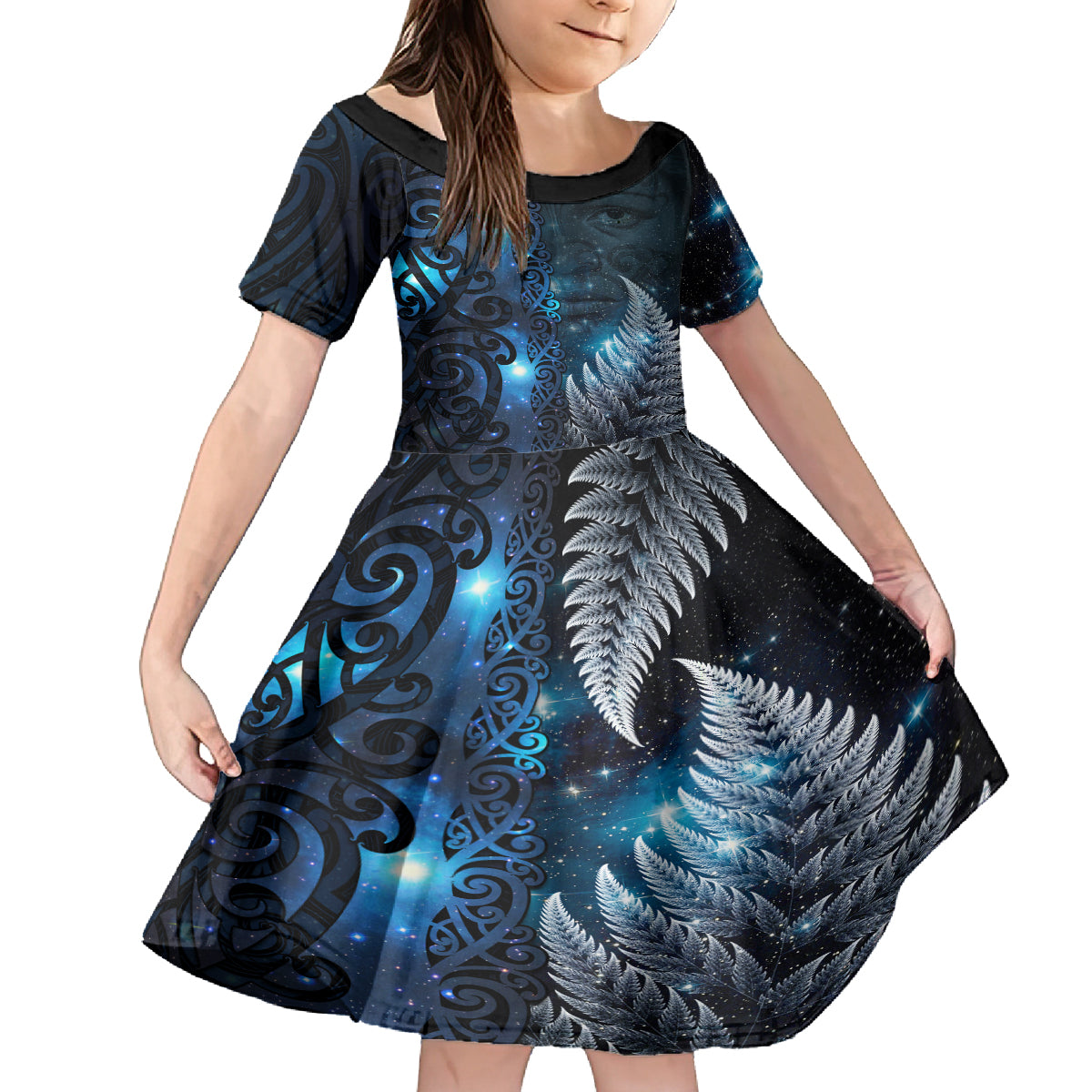 New Zealand Matariki Family Matching Long Sleeve Bodycon Dress and Hawaiian Shirt The Tribal Maori Face and Silver Fern LT03 Daughter's Dress Blue - Polynesian Pride